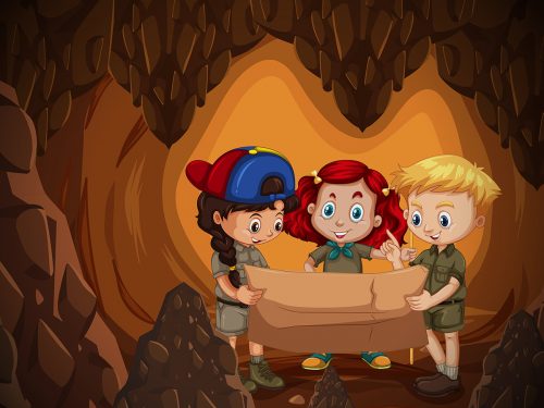 Group of Kids Hiking in Cave Illustration