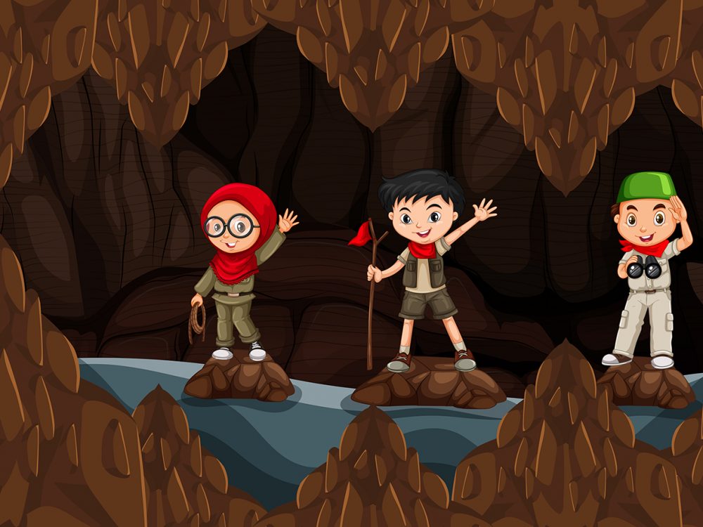 Group of Kids Hiking in Cave Illustration