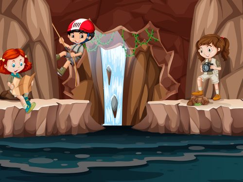 Group of Kids Hiking in Cave Illustration