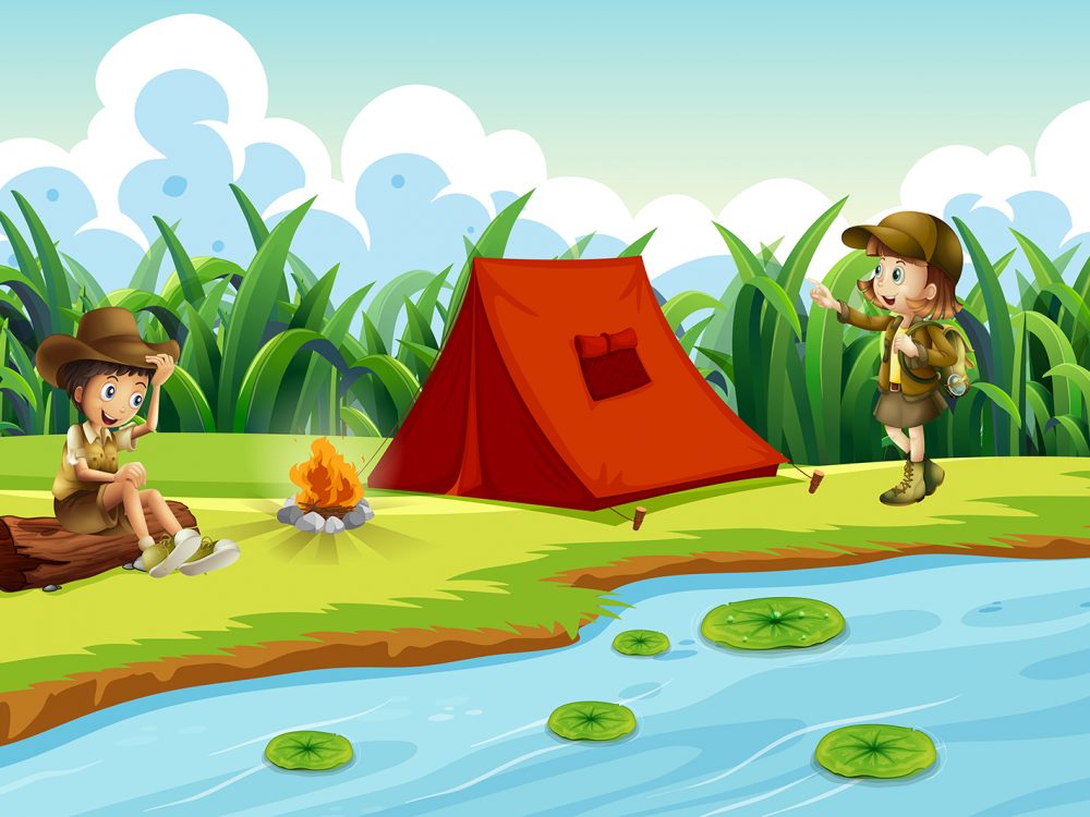 Kids Camping by the Water Illustration
