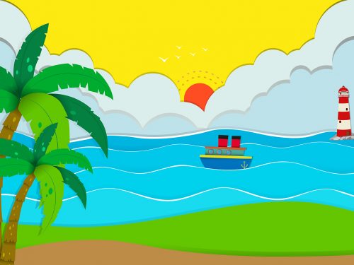 Ocean Scene with Beach and Boat Illustration