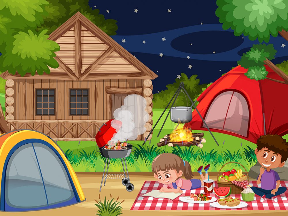 Picnic Scene with Family in the Forest Illustration