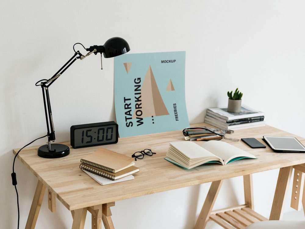 Poster on Desk PSD Mockup