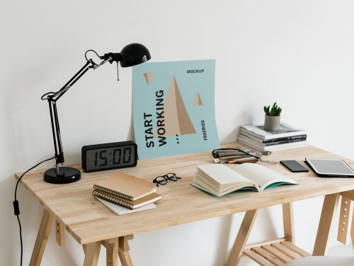 Poster on Desk PSD Mockup