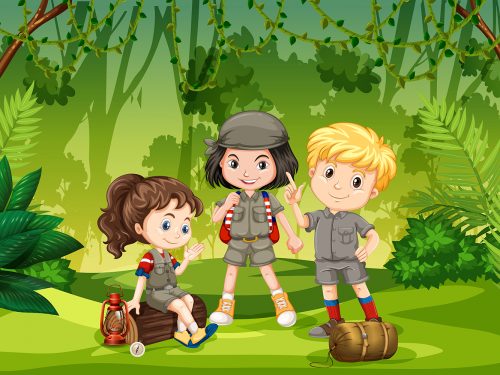 Three Scout Kids in the Jungle Illustration