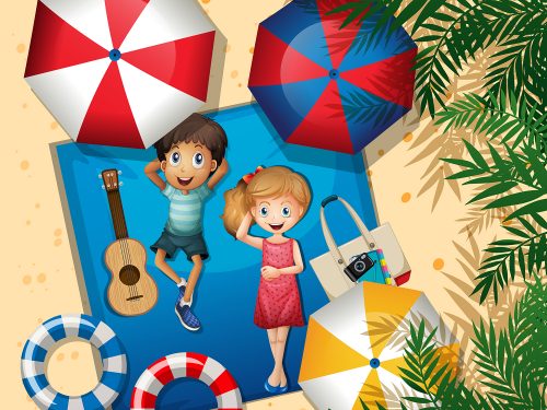 Boy and Girl Relaxing at the Beach Illustration