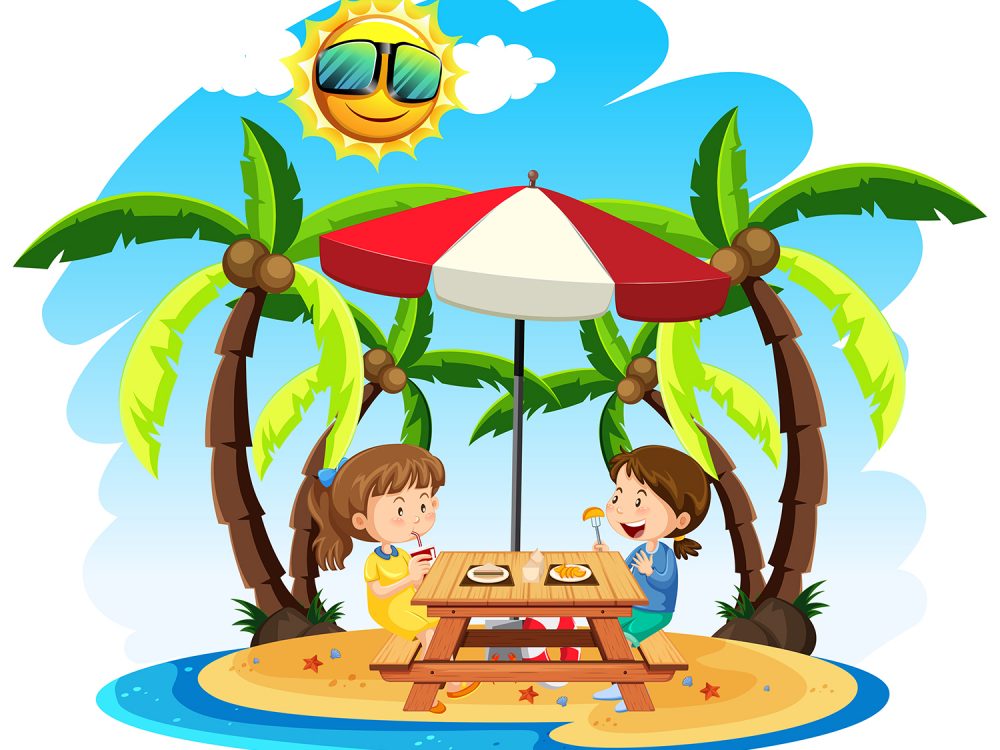 Children Enjoy Lunch at the Beach Illustration