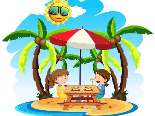 Children Enjoy Lunch at the Beach Illustration