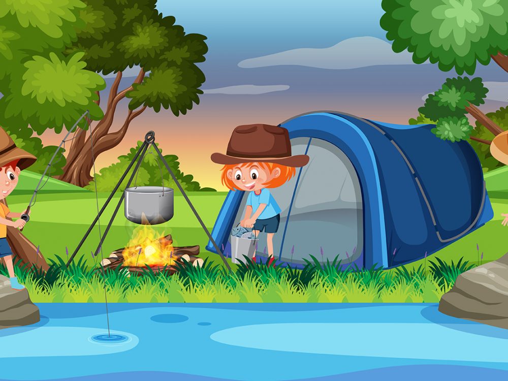 Kids Camping by the Water Illustration