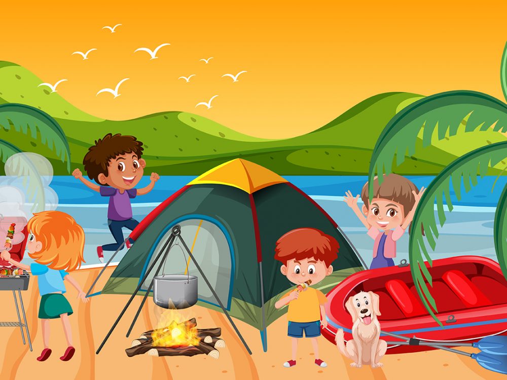 Kids Camping by the Water Illustration