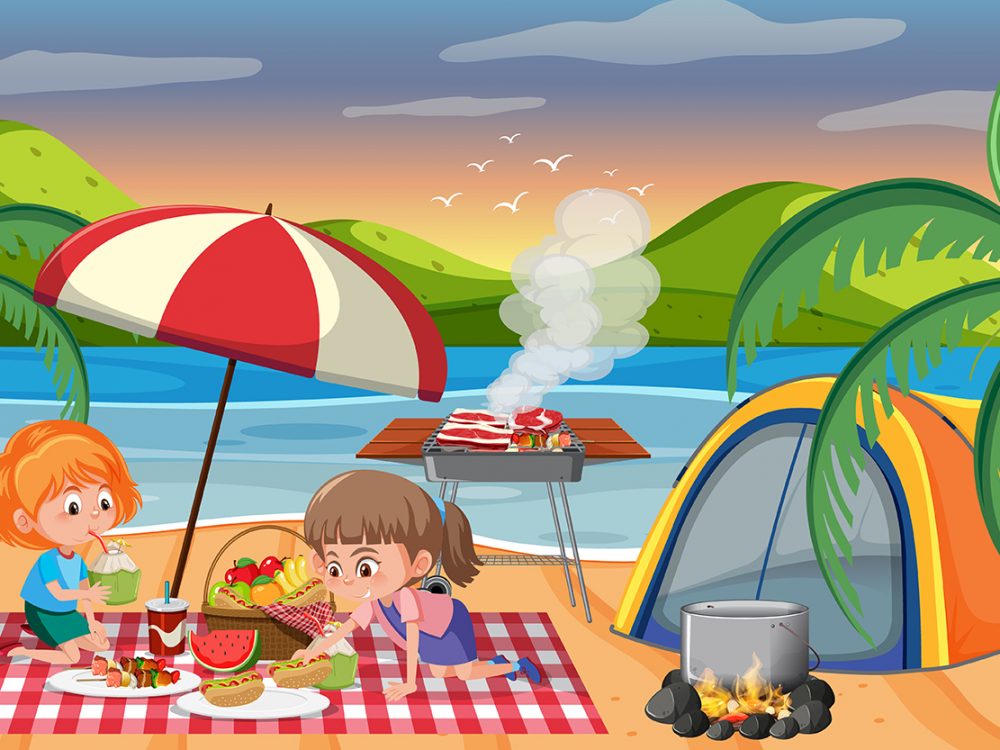 Kids Camping by the Water Illustration