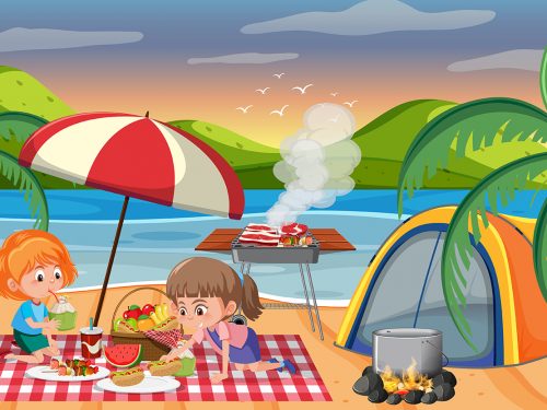 Kids Camping by the Water Illustration