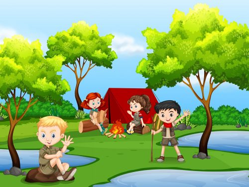 Kids Camping by the Water Illustration