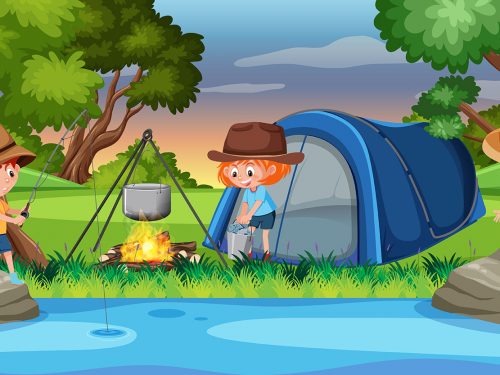 Kids Camping by the Water Illustration