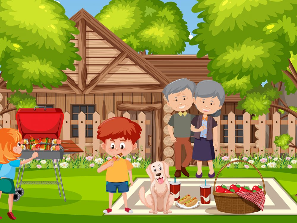 Picnic Scene with Happy Family in the Garden Illustration