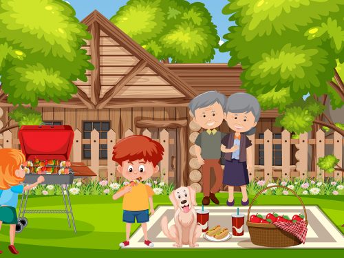 Picnic Scene with Happy Family in the Garden Illustration