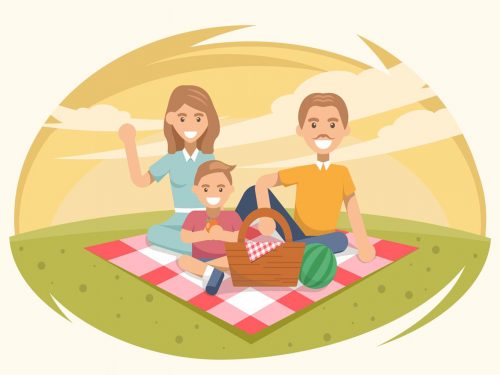 Picnic Scene with Happy Family in the Garden Illustration