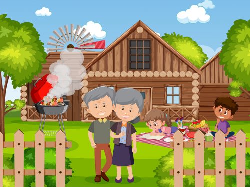 Picnic Scene with Happy Family in the Garden Illustration