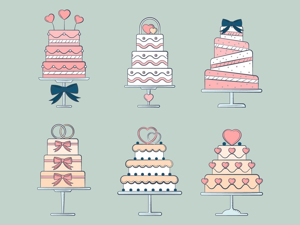 Set of Free Vector Illustrations of Wedding Cakes