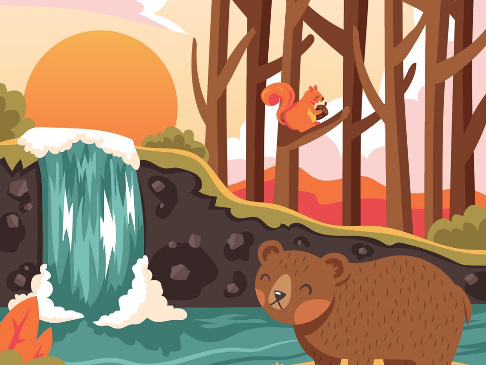 Flora and Fauna Landscape in Autumn Illustration