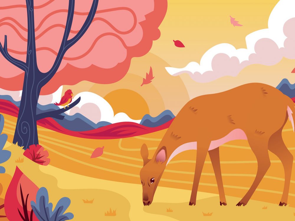 Flora and Fauna Landscape in Autumn Illustration