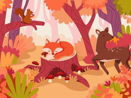 Flora and Fauna Landscape in Autumn Illustration