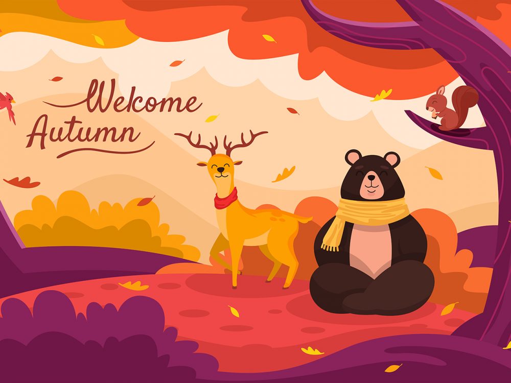 Flora and Fauna Landscape in Autumn Illustration
