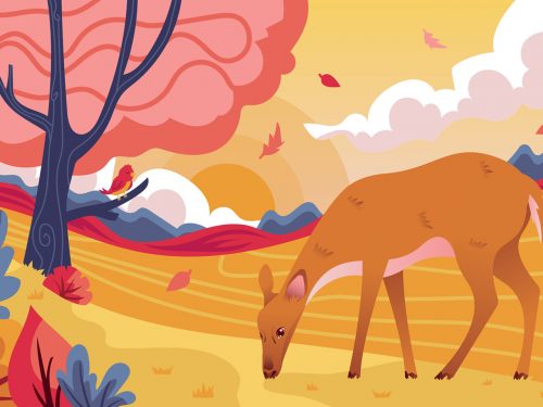 Flora and Fauna Landscape in Autumn Illustration