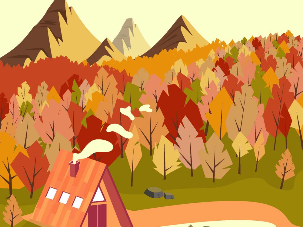 Cabin on Mountain during Autumn Illustration