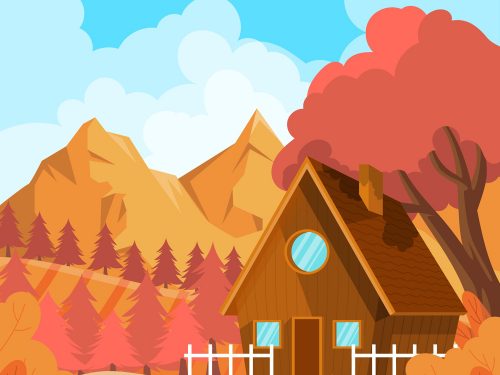 Cabin on Mountain during Autumn Illustration