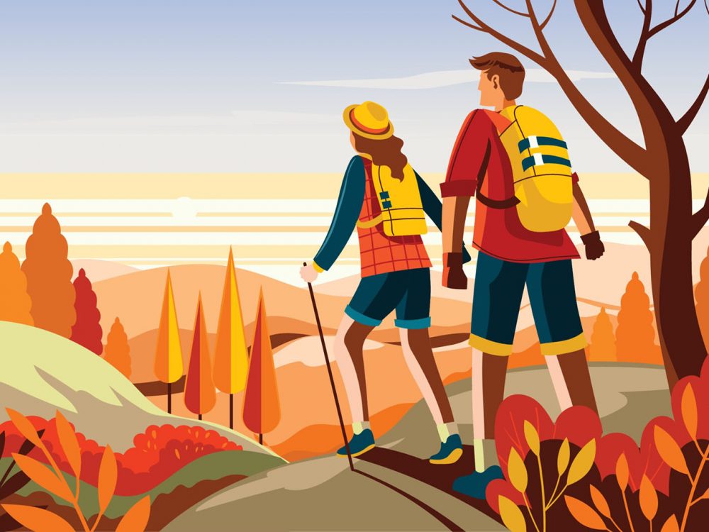 Couple Hiking in the Mountain on Fall Season Illustration