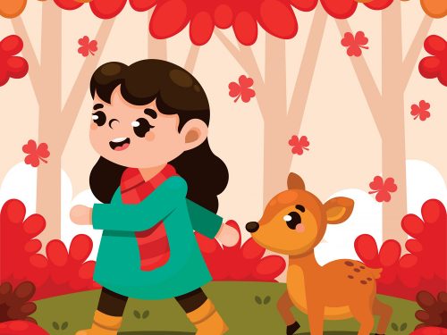 Cute Girl Walking in The Forest on Fall Illustration