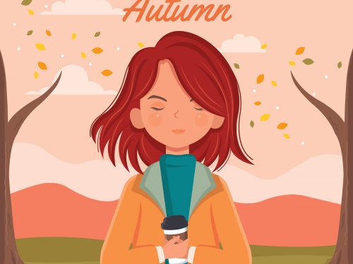 Cute Girl with Autumn Leaves Illustration