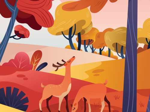 Flora and Fauna Landscape in Autumn Illustration