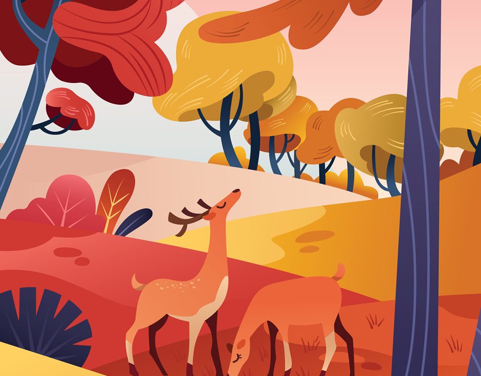 Flora and Fauna Landscape in Autumn Illustration