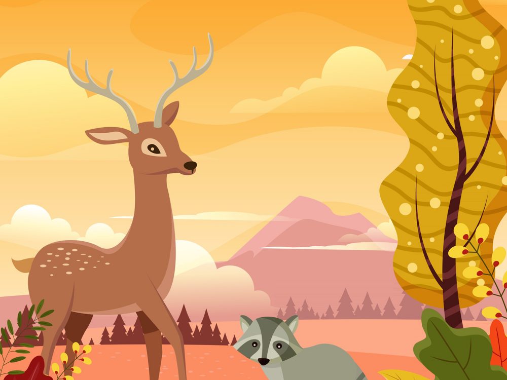 Flora and Fauna Landscape in Autumn Illustration