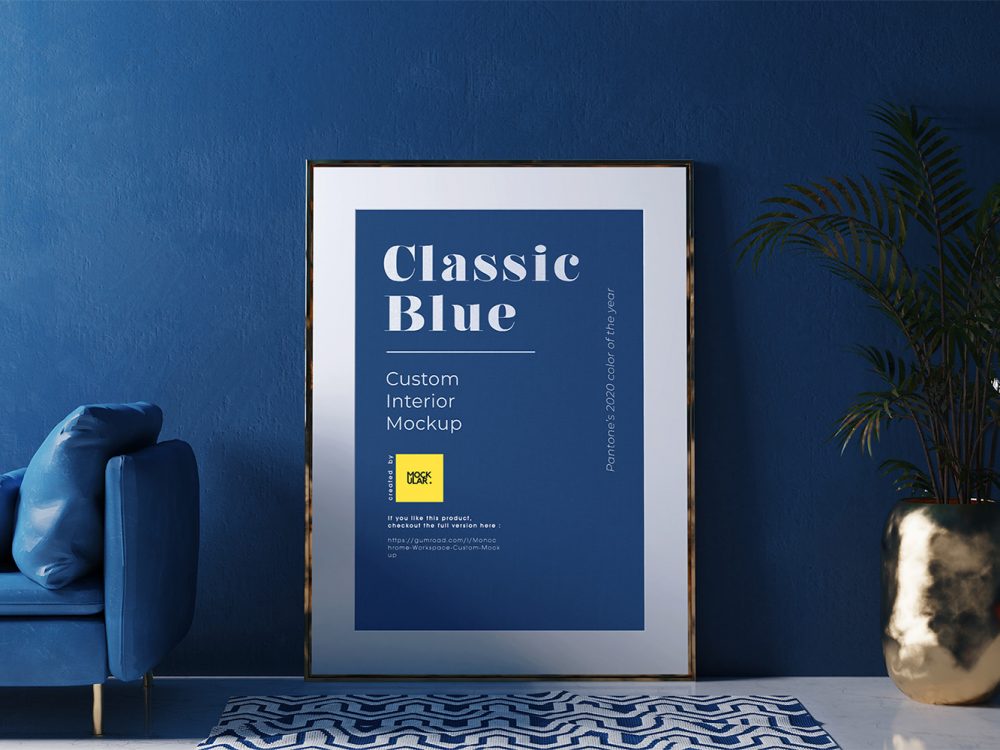 Free Poster Frame Mockup in the Classic Blue Interior