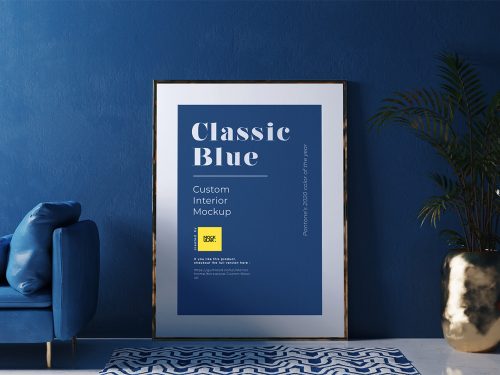 Free Poster Frame Mockup in the Classic Blue Interior