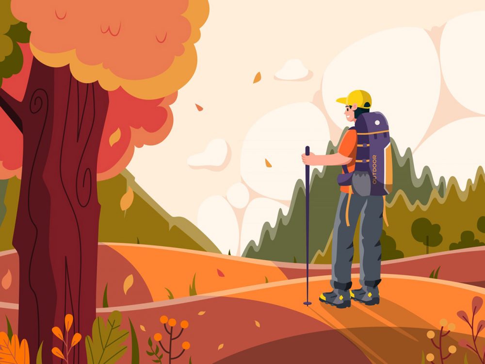 Man Hiking Alone in the Forest Illustration