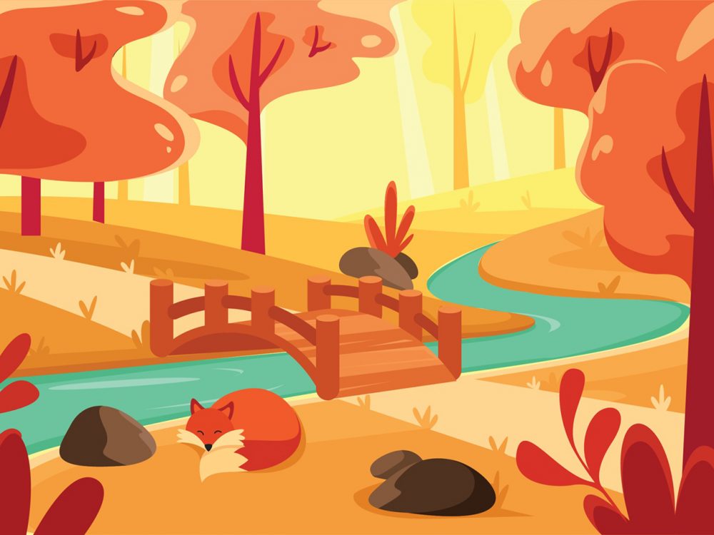 Sleepy Fox in the Middle of Autumn Forest Illustration