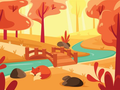 Sleepy Fox in the Middle of Autumn Forest Illustration