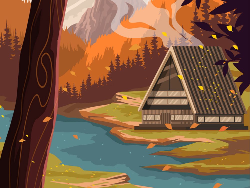Warm Cabin Mountain in Autumn Illustration