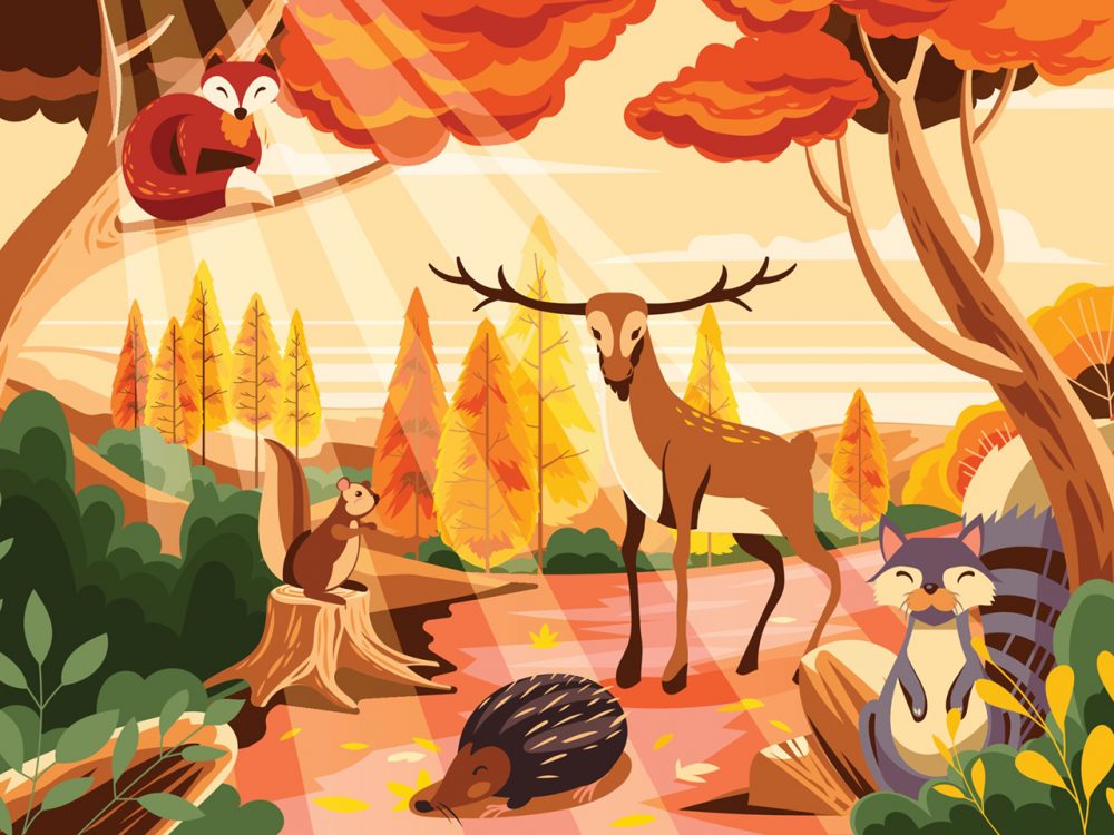 Autumn Season Concept with Flora and Fauna Illustration