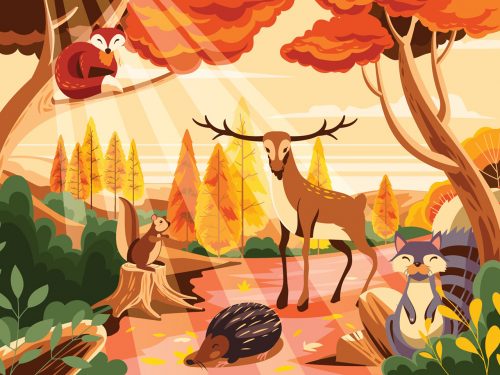 Autumn Season Concept with Flora and Fauna Illustration