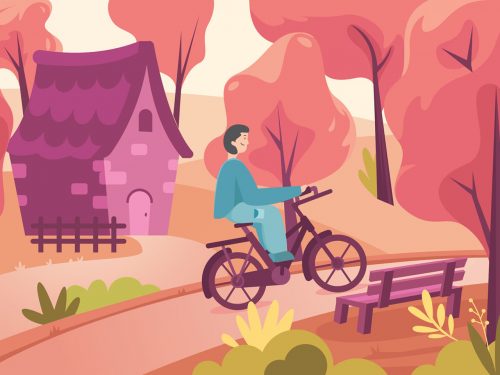 Boy Rides a Bike in Autumn Forest