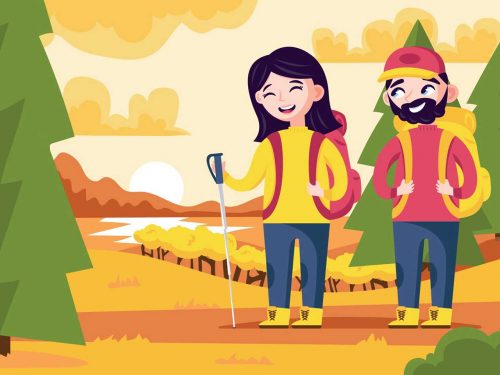 Couple Hiking in Autumn Illustration
