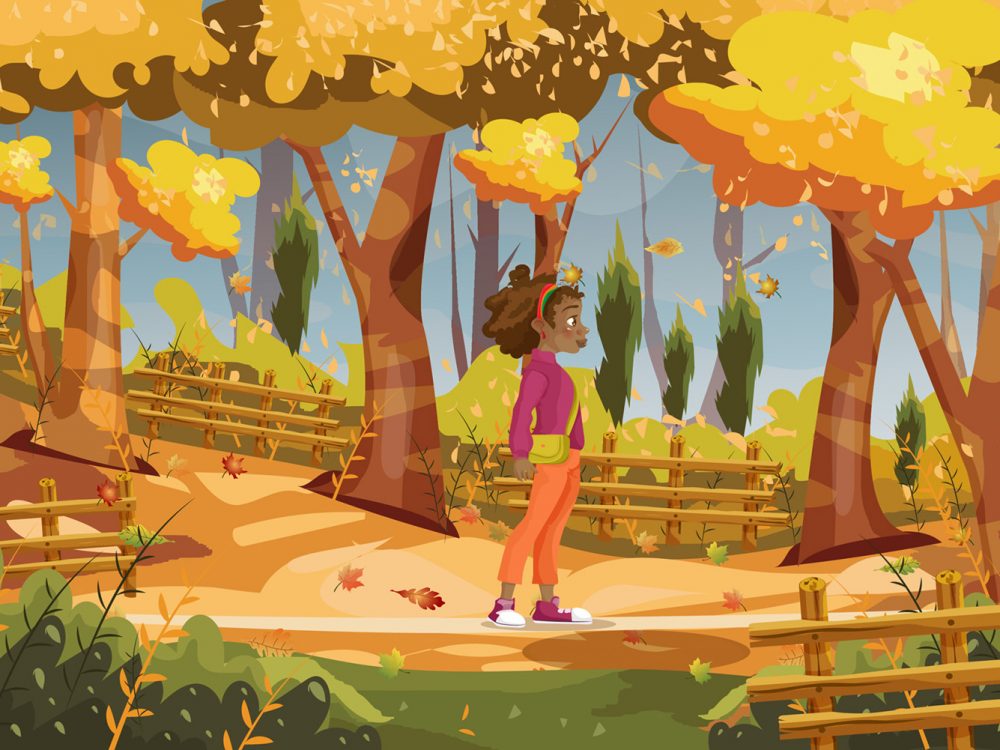 Cute Girl Walking in the Autumn Park Illustration