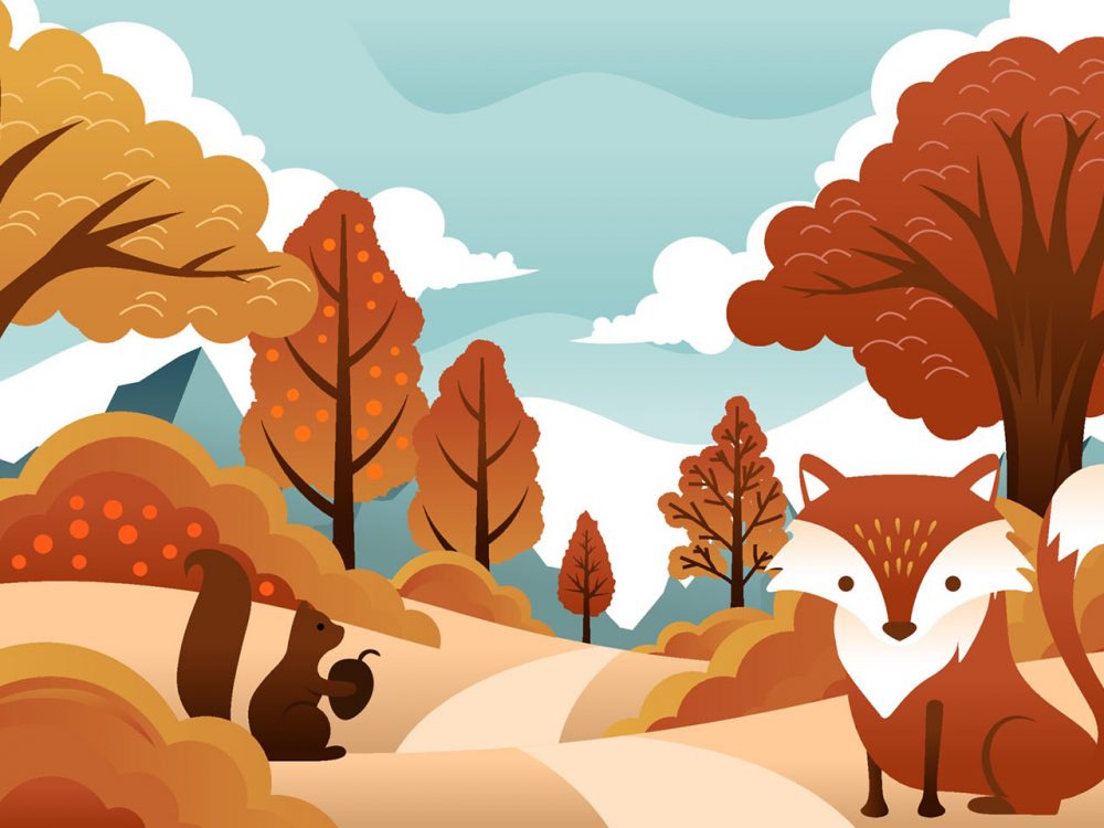 Flora and Fauna Landscape in Autumn Illustration