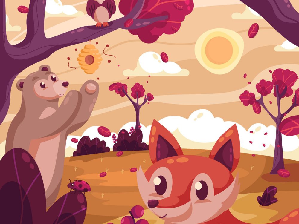 Flora and Fauna Landscape in Autumn Illustration