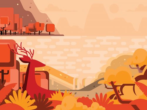 Flora and Fauna Landscape in Autumn Illustration
